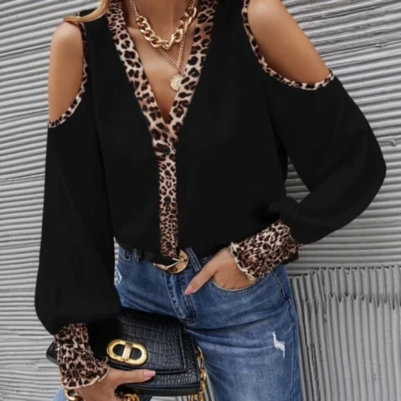 White leopard Print Button up Cold Shoulder Top - Picture 2 of 9